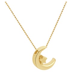 14K Yellow Gold Crescent Moon and Star Pendant Necklace 16.0"