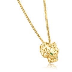 14 Karat Yellow Gold and Marquise Cut Emerald Panther Head Pendant Necklace 18.0