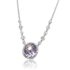 14 Karat White Gold Oval Cut Amethyst and Round Diamond Halo Necklace