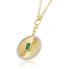 14 Karat Yellow Gold Emerald Cut Emerald and Diamond Sunray Drop Necklace