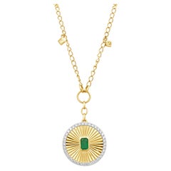 14 Karat Yellow Gold Emerald Cut Emerald and Diamond Sunray Drop Necklace