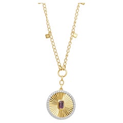 14 Karat Yellow Gold Emerald Cut Pink Sapphire, Diamond Sunburst Fringe Necklace