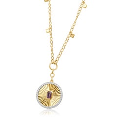 14 Karat Yellow Gold Emerald Cut Pink Sapphire, Diamond Sunburst Fringe Necklace