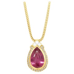 14 Karat Yellow Gold Pear Cut Pink Tourmaline and Diamond Halo Pendant Necklace