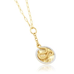 14 Karat Yellow Gold and Round Diamond Halo Snake Medallion Drop Necklace