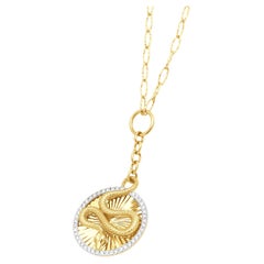 14 Karat Yellow Gold and Round Diamond Halo Snake Medallion Drop Necklace