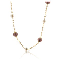 14 Karat Yellow Gold Pearl and Purple Bead Station Necklace 20.0"