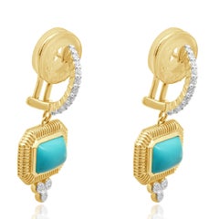 18K Yellow Gold Rectangle Cabochon Cut Turquoise and Round Diamond Drop Earrings