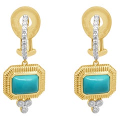 18K Yellow Gold Rectangle Cabochon Cut Turquoise and Round Diamond Drop Earrings