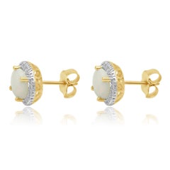 14K Yellow Gold Oval Cabochon Cut Opal and Diamond Halo Stud Earrings