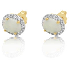 14K Yellow Gold Oval Cabochon Cut Opal and Diamond Halo Stud Earrings