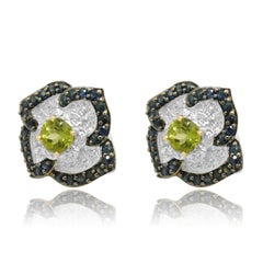 14K Yellow Gold Peridot, Blue Sapphire, and Diamond Flower Earrings