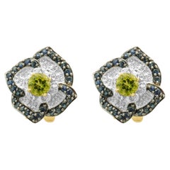 14K Yellow Gold Peridot, Blue Sapphire, and Diamond Flower Earrings