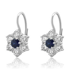 18K White Gold Round Blue Sapphire and Round Diamond Flower Earrings