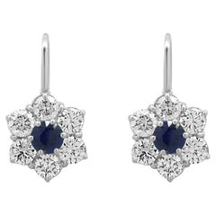 18K White Gold Round Blue Sapphire and Round Diamond Flower Earrings