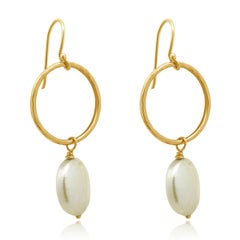 18K Yellow Gold and Freshwater Pearl Open Circle Drop Earrings