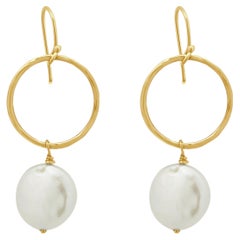 18K Yellow Gold and Freshwater Pearl Open Circle Drop Earrings