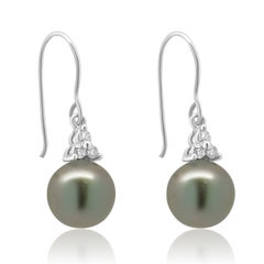 14K White Gold Black Pearl and Round Diamond Drop Earrings