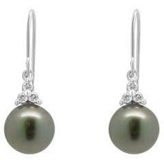 14K White Gold Black Pearl and Round Diamond Drop Earrings