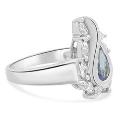 14K White Gold Pear Cut Tanzanite and Marquise Cut Diamond Halo Ring
