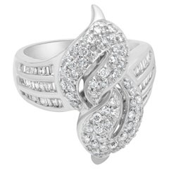14K White Gold Round and Baguette Cut Diamond Swirl Bypass Ring