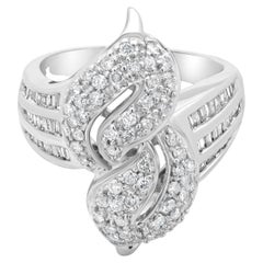14K White Gold Round and Baguette Cut Diamond Swirl Bypass Ring