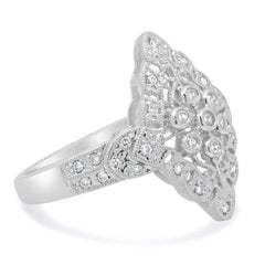 14K White Gold and Round Diamond Kite-Shaped Filigree Ring