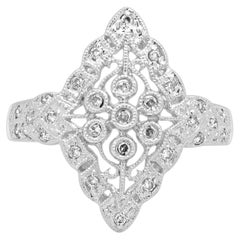 14K White Gold and Round Diamond Kite-Shaped Filigree Ring