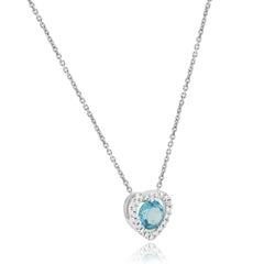 14K White Gold Round Blue Topaz, Round Diamond Heart Halo Pendant Necklace 17 in