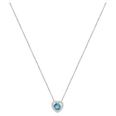 14K White Gold Round Blue Topaz, Round Diamond Heart Halo Pendant Necklace 17 in
