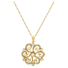 14K Yellow Gold Round Cabochon Cut Opal and Pearl Pendant Necklace 20.0"