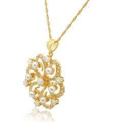 14K Yellow Gold Round Cabochon Cut Opal and Pearl Pendant Necklace 20.0"