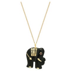18K Yellow Gold Onyx and Ruby Oriental Elephant Pendant Necklace 17.0""
