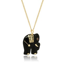 18K Yellow Gold Onyx and Ruby Oriental Elephant Pendant Necklace 17.0""