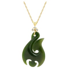 14K Yellow Gold Nephrite Jade, Diamond Accent Maori Fish Hook Pendant Necklace