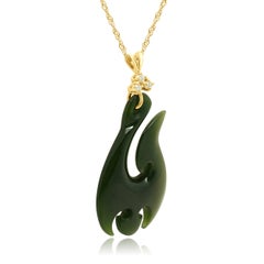 14K Yellow Gold Nephrite Jade, Diamond Accent Maori Fish Hook Pendant Necklace