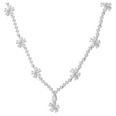 18K White Gold Pear Cut and Round Diamond Floral Drop Necklace 17.0"