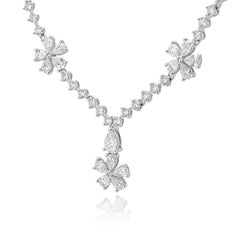 18K White Gold Pear Cut and Round Diamond Floral Drop Necklace 17.0"
