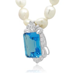 Baroque Pearl Strand Necklace with 14KW Emerald Cut Blue Topaz and Diamonds