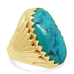 Phillip Chavez Jr. 14K Yellow Gold and Turquoise Engraved Ring