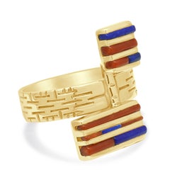 14K Yellow Gold Lapis and Coral Inlay Flag Ring