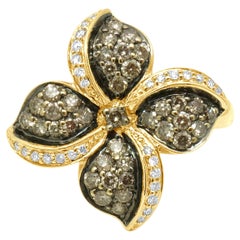 14K Yellow Gold Brown and White Diamond Flower Ring