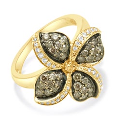 14K Yellow Gold Brown and White Diamond Flower Ring