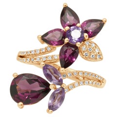 EFFY 14K Rose Gold Rhodolite Garnet, Amethyst, and Diamond Flower Bypass Ring