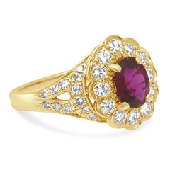 18K Yellow Gold Oval Cut Ruby and Diamond Scalloped Halo Ring