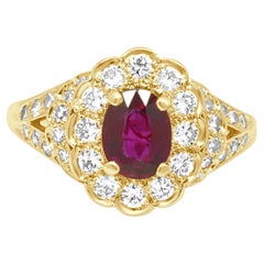 18K Yellow Gold Oval Cut Ruby and Diamond Scalloped Halo Ring