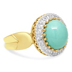 LeVian 14K Yellow Gold Oval Cabochon Cut Turquoise and Round Diamond Halo Ring