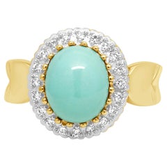 LeVian 14K Yellow Gold Oval Cabochon Cut Turquoise and Round Diamond Halo Ring