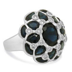 14K White Gold Mixed Cut Blue Sapphire and Round Diamond Lattice Ring