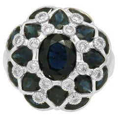 14K White Gold Mixed Cut Blue Sapphire and Round Diamond Lattice Ring